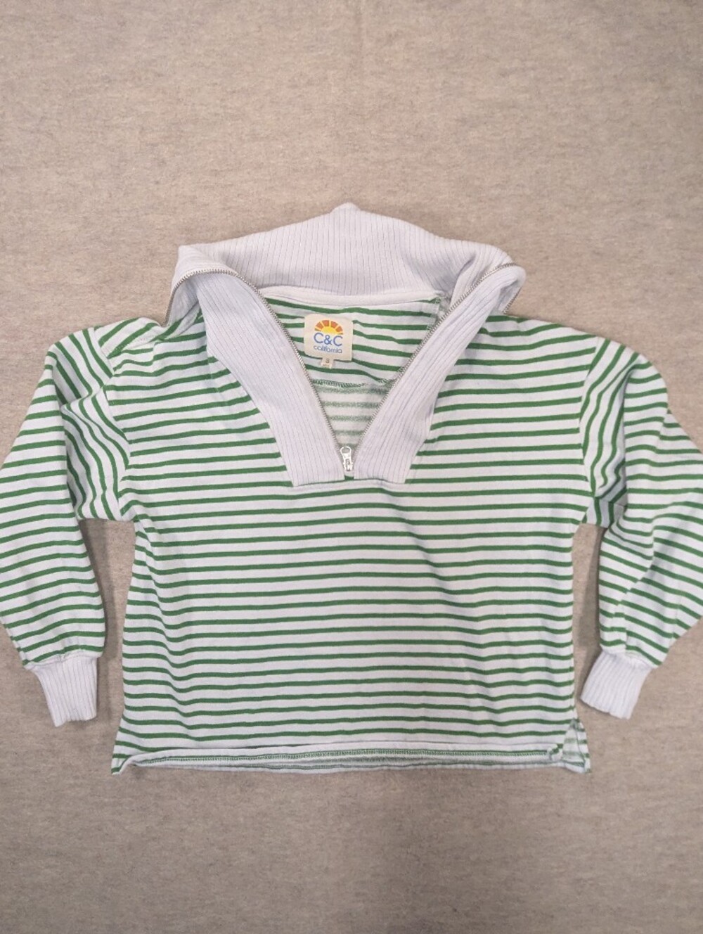 C&C California Green & White Striped Casual Ribbed Cropped Relaxed Sweatshirt S